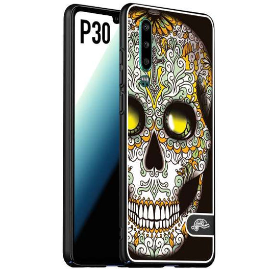 CUSTOMIZZA - Custodia cover nera morbida in tpu compatibile per Huawei P30 teschio messicano Mexican skull bianco verde giallo