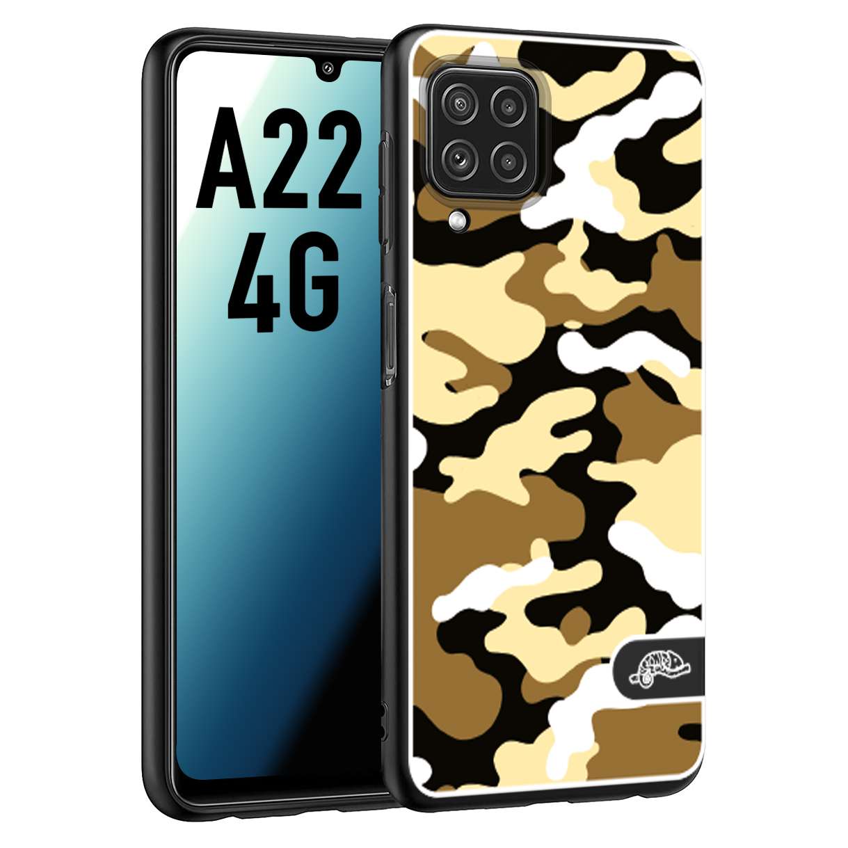 CUSTOMIZZA - Custodia cover nera morbida in tpu compatibile per Samsung A22 4G camouflage mimetico militare giallo desert brown