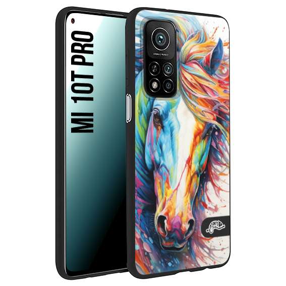 CUSTOMIZZA - Custodia cover nera morbida in tpu compatibile per Xiaomi Mi 10T PRO animali color cavallo horse viso colori vibranti disegnato schizzo