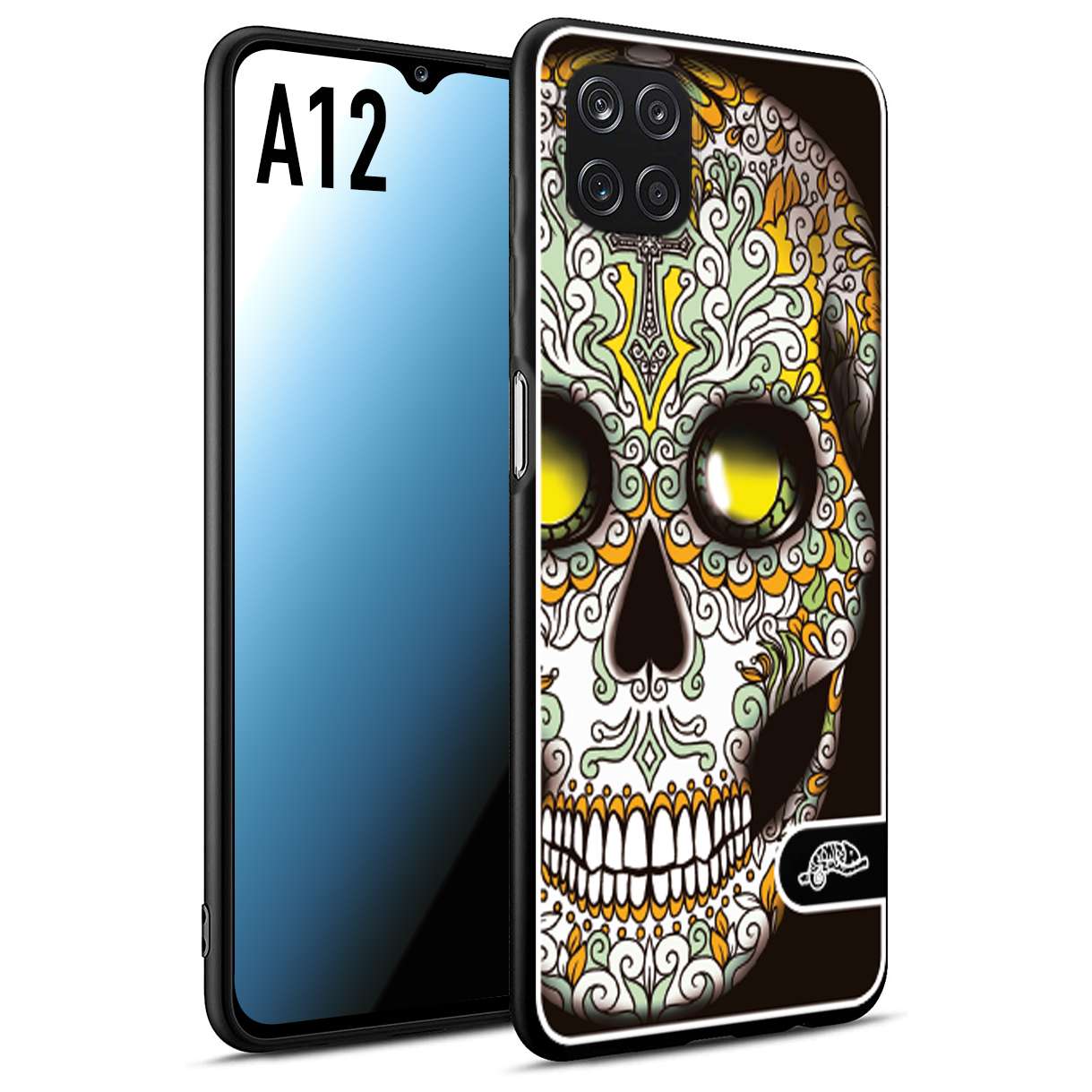 CUSTOMIZZA - Custodia cover nera morbida in tpu compatibile per Samsung A12 teschio messicano Mexican skull bianco verde giallo