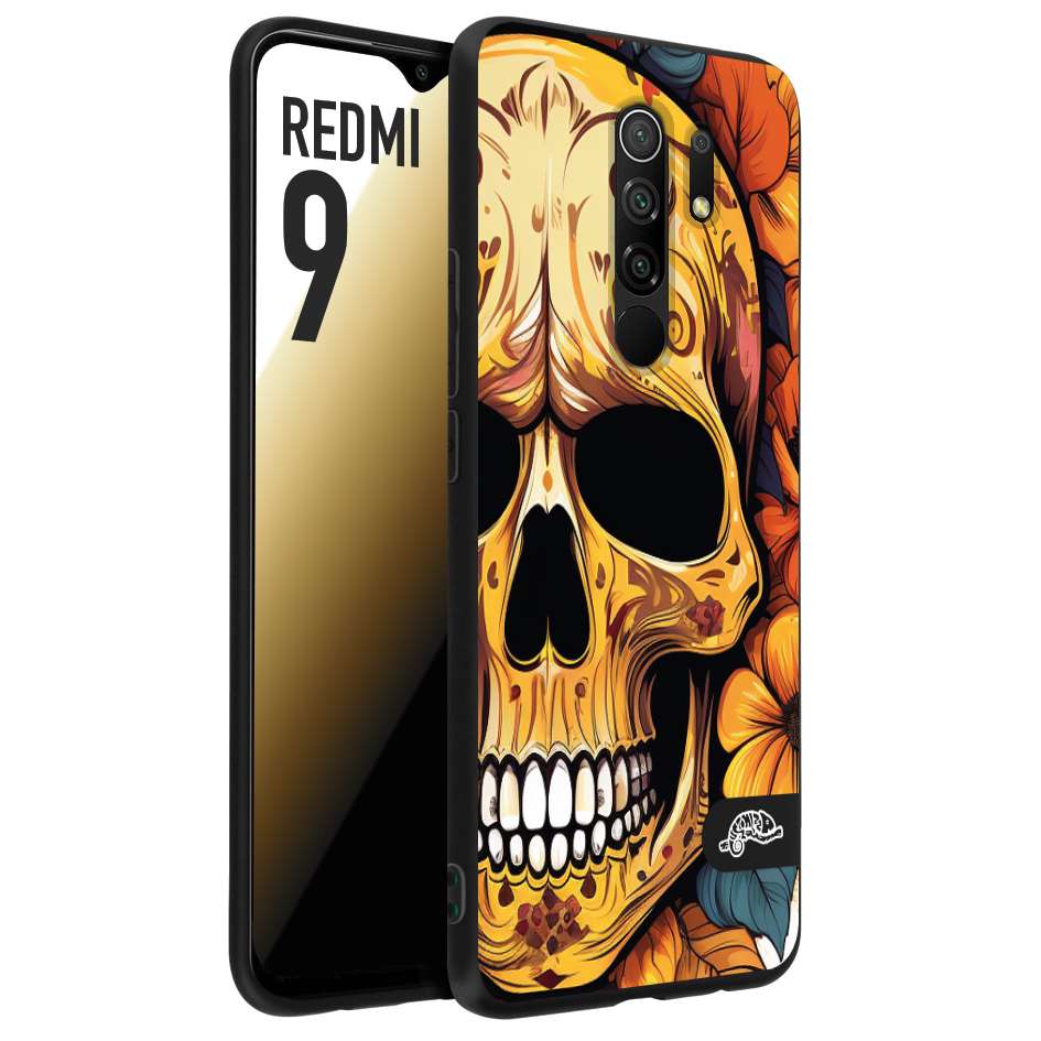 CUSTOMIZZA - Custodia cover nera morbida in tpu compatibile per Xiaomi Redmi 9 teschio messicano colorato dorato fiori autunnali disegnato