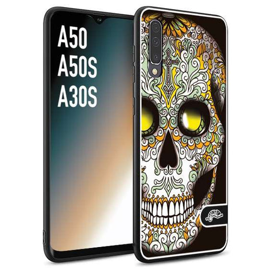 CUSTOMIZZA - Custodia cover nera morbida in tpu compatibile per Samsung A50 - A50S - A30S teschio messicano Mexican skull bianco verde giallo