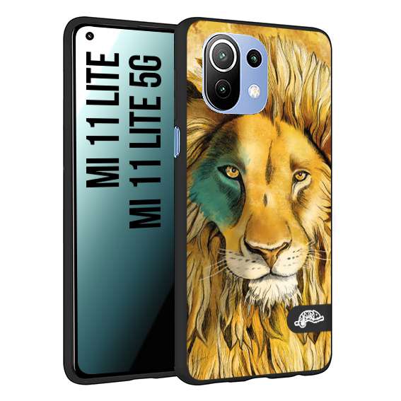 CUSTOMIZZA - Custodia cover nera morbida in tpu compatibile per Xiaomi Mi 11 Lite / Mi 11 Lite 5G leone lion disegnato a mano giallo blu a rilievo artistico brown