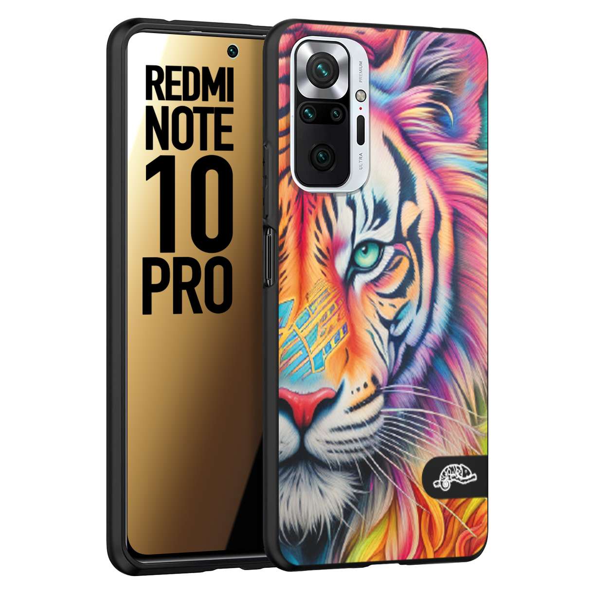 CUSTOMIZZA - Custodia cover nera morbida in tpu compatibile per Xiaomi Redmi Note 10 PRO animali color tigre tiger viso colori vibranti disegnato schizzo