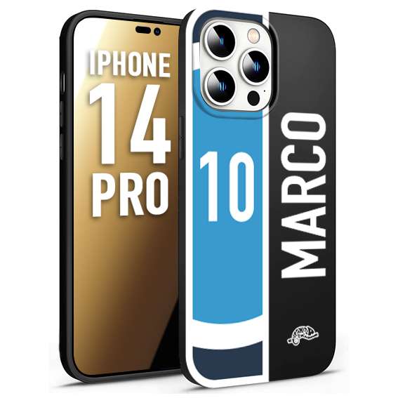 CUSTOMIZZA - Custodia cover nera morbida in tpu compatibile per iPhone 14 PRO personalizzata calcio football nome e numero calciatori biancoazzurri bianco celesti