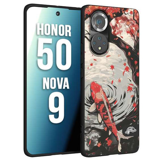 CUSTOMIZZA - Custodia cover nera morbida in tpu compatibile per Huawei Nova 9 - Honor 50 giapponese lago carpa koi rossa con foglie d'acero rosso disegnata tattoo