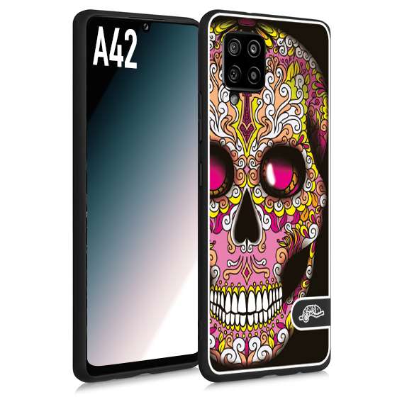 CUSTOMIZZA - Custodia cover nera morbida in tpu compatibile per Samsung A42 teschio messicano Mexican skull rosa gialla