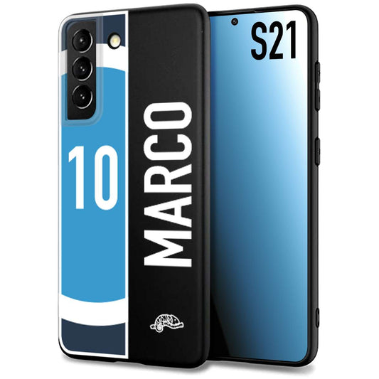 CUSTOMIZZA - Custodia cover nera morbida in tpu compatibile per Samsung S21 personalizzata calcio football nome e numero calciatori biancoazzurri bianco celesti