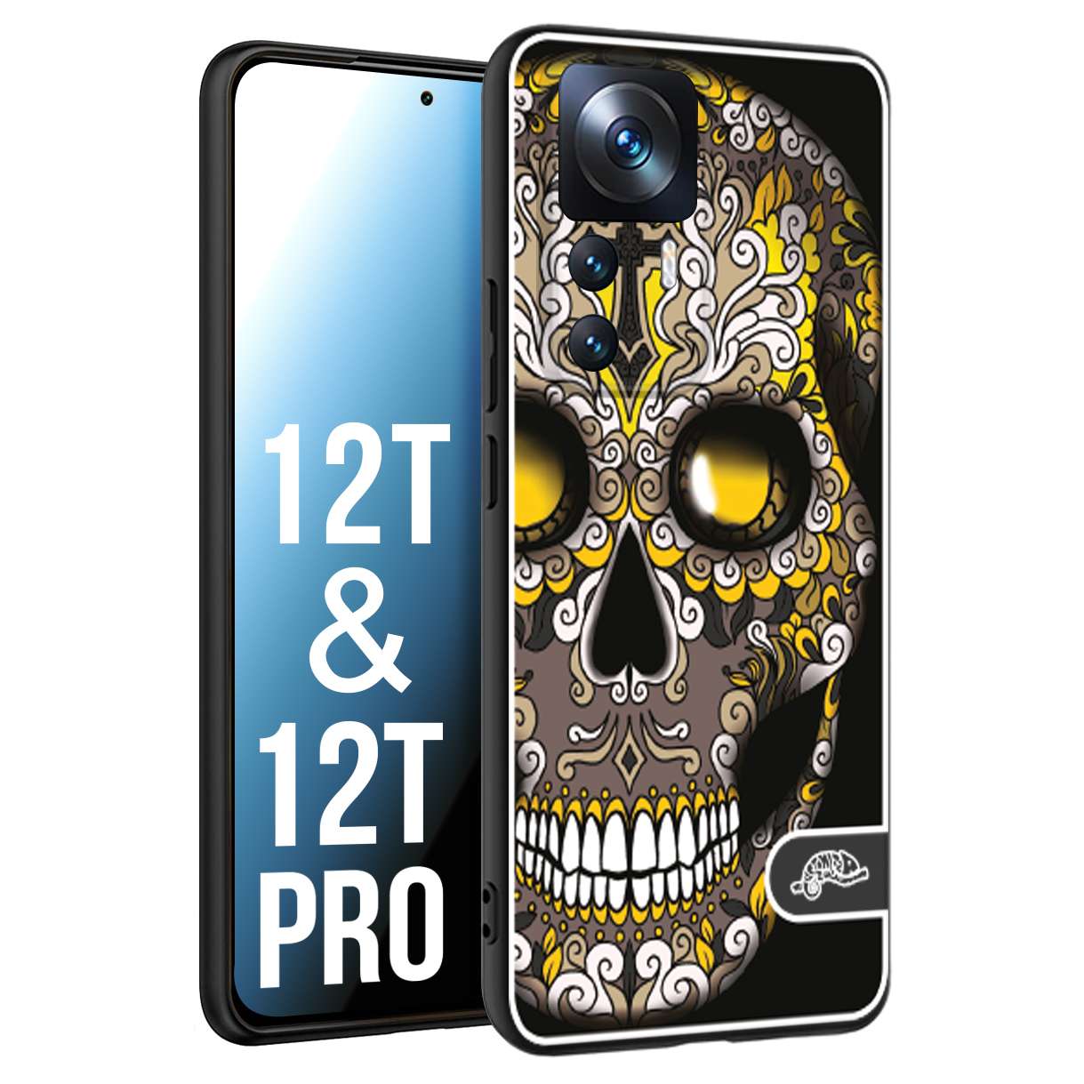 CUSTOMIZZA - Custodia cover nera morbida in tpu compatibile per Xiaomi 12T - 12T PRO teschio messicano Mexican skull nero giallo