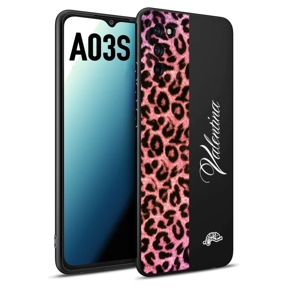 CUSTOMIZZA - Custodia cover nera morbida in tpu compatibile per Samsung A03S leopardato rosa fucsia personalizzata nome iniziali