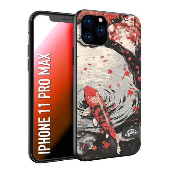 CUSTOMIZZA - Custodia cover nera morbida in tpu compatibile per iPhone 11 PRO MAX giapponese lago carpa koi rossa con foglie d'acero rosso disegnata tattoo