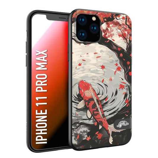 CUSTOMIZZA - Custodia cover nera morbida in tpu compatibile per iPhone 11 PRO MAX giapponese lago carpa koi rossa con foglie d'acero rosso disegnata tattoo