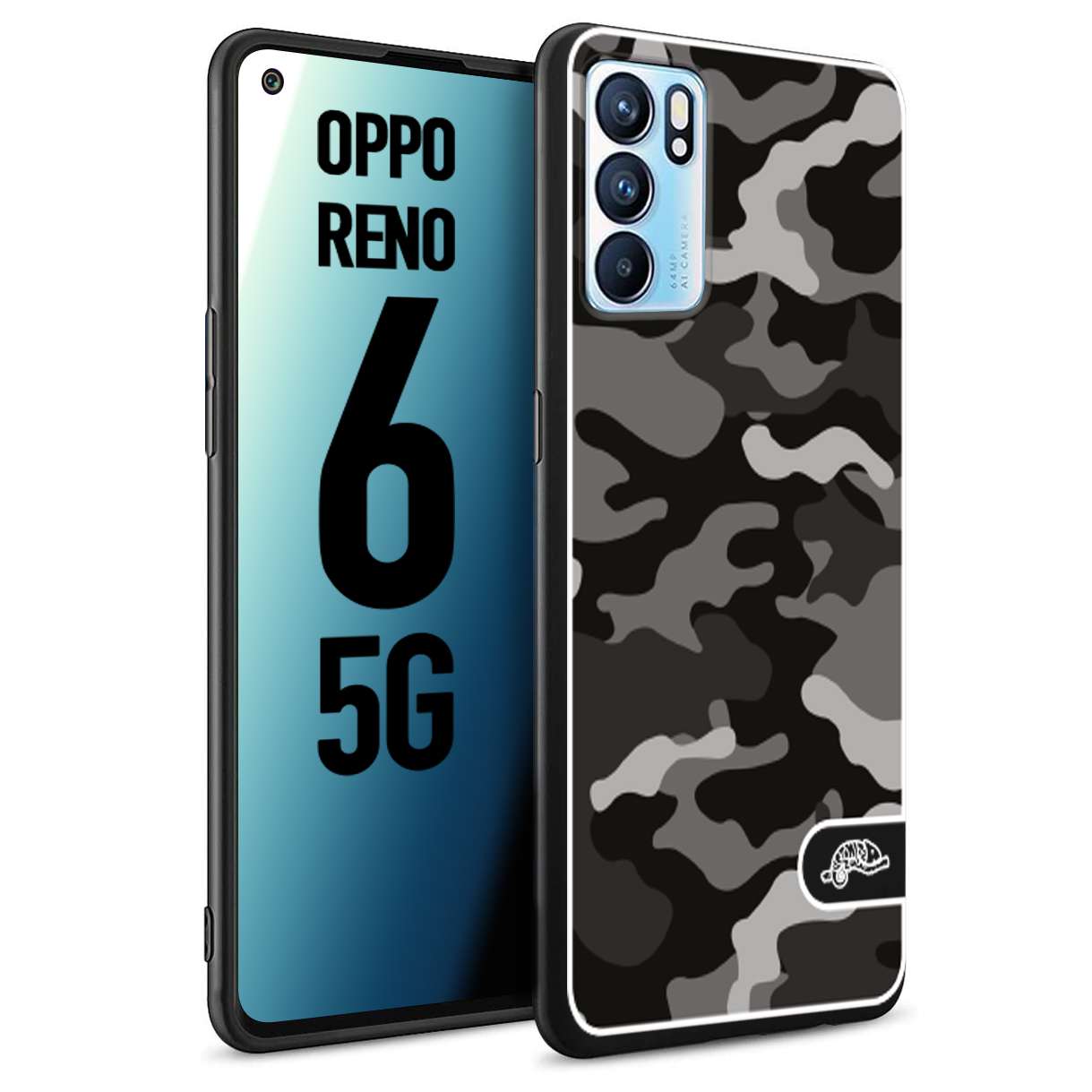 CUSTOMIZZA - Custodia cover nera morbida in tpu compatibile per Oppo Reno 6 5G camouflage mimetico militare nero black grigio