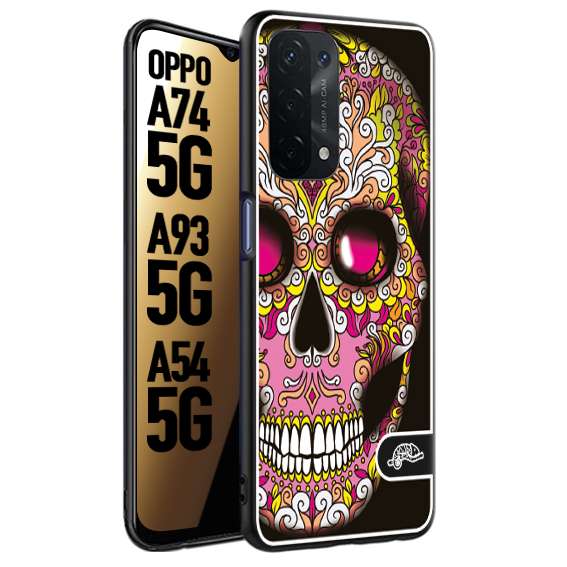 CUSTOMIZZA - Custodia cover nera morbida in tpu compatibile per Oppo A74 5G - A93 5G - A54 5G teschio messicano Mexican skull rosa gialla