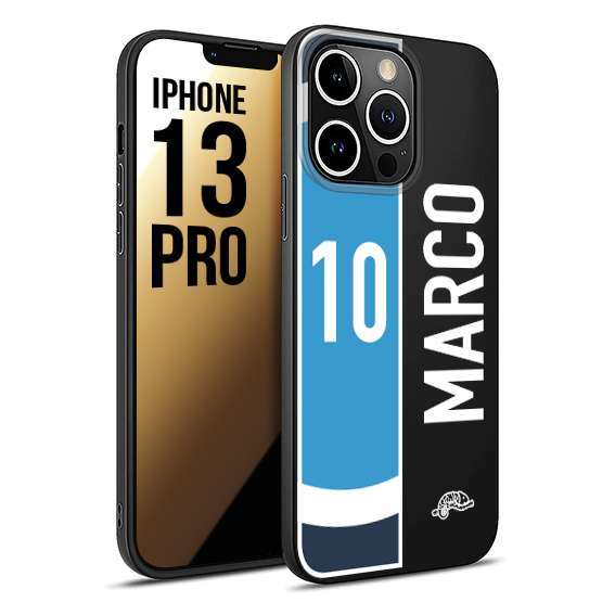 CUSTOMIZZA - Custodia cover nera morbida in tpu compatibile per iPhone 13 PRO personalizzata calcio football nome e numero calciatori biancoazzurri bianco celesti