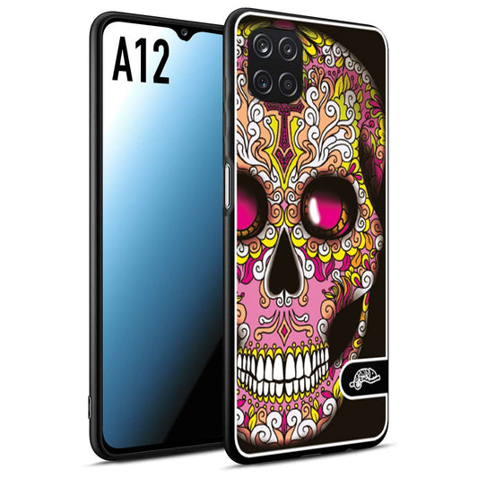 CUSTOMIZZA - Custodia cover nera morbida in tpu compatibile per Samsung A12 teschio messicano Mexican skull rosa gialla