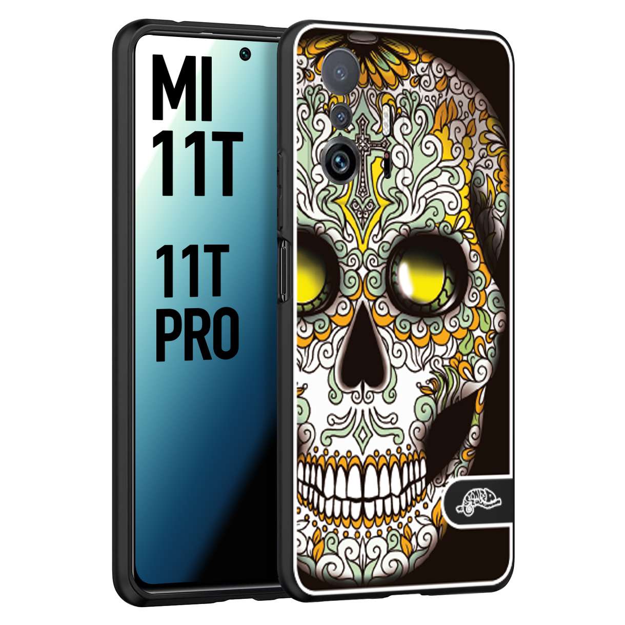 CUSTOMIZZA - Custodia cover nera morbida in tpu compatibile per Xiaomi Mi 11T - Mi 11T PRO teschio messicano Mexican skull bianco verde giallo