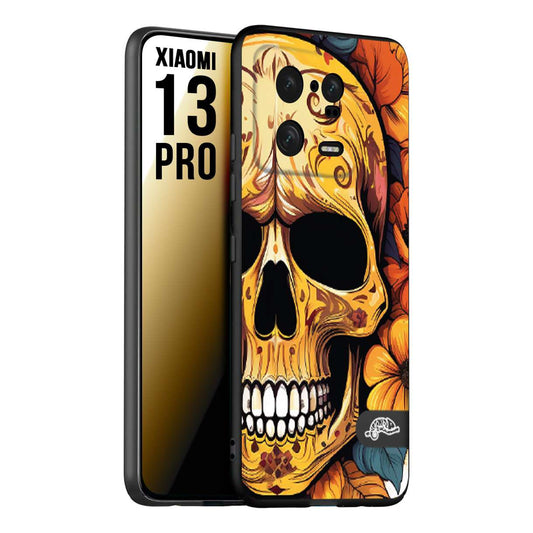 CUSTOMIZZA - Custodia cover nera morbida in tpu compatibile per Xiaomi 13 PRO teschio messicano colorato dorato fiori autunnali disegnato