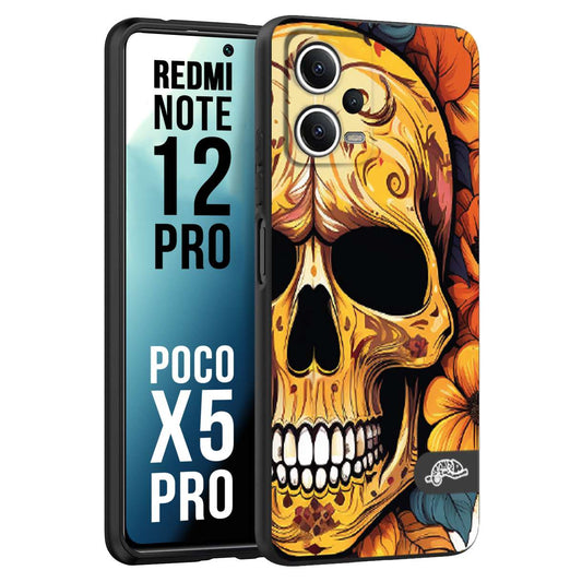 CUSTOMIZZA - Custodia cover nera morbida in tpu compatibile per Xiaomi Redmi Note 12 PRO - POCO X5 PRO teschio messicano colorato dorato fiori autunnali disegnato