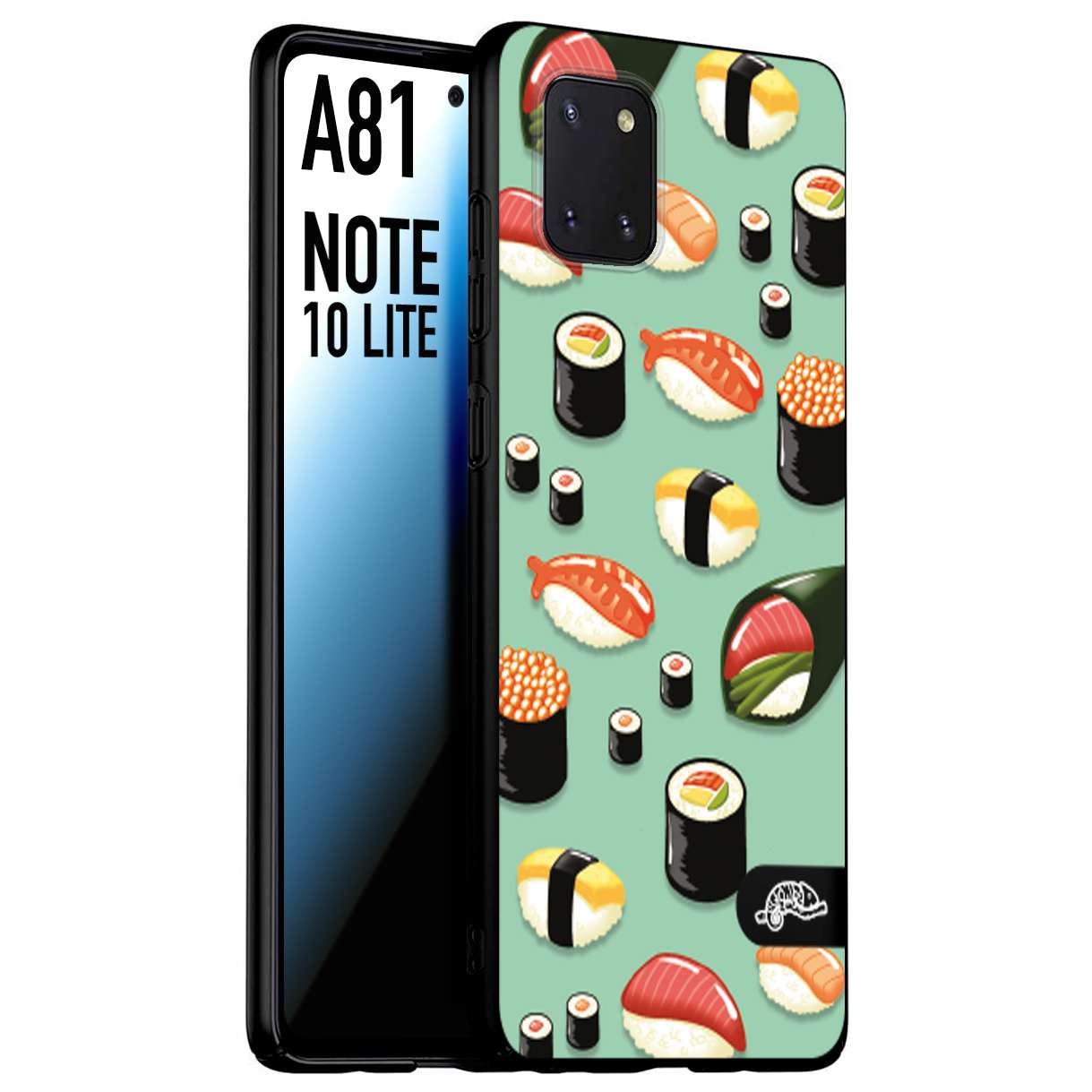 CUSTOMIZZA - Custodia cover nera morbida in tpu compatibile per Samsung A81 - Note 10 Lite sushi disegni giapponese nighiri acquamarina verde