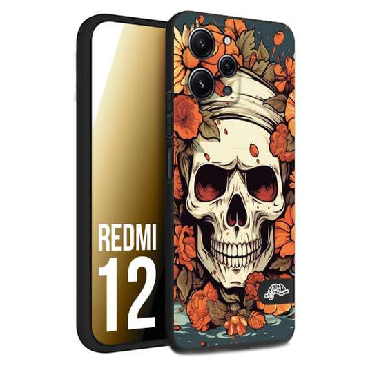 CUSTOMIZZA - Custodia cover nera morbida in tpu compatibile per Xiaomi Redmi 12 teschio skull flowers fiori tattoo disegnato alta definizione