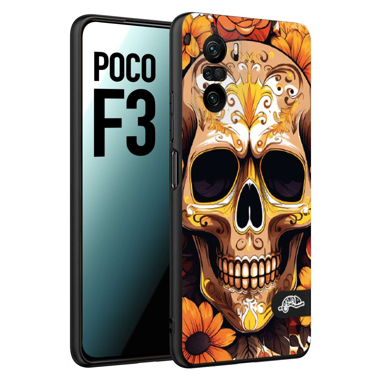 CUSTOMIZZA - Custodia cover nera morbida in tpu compatibile per Xiaomi Poco F3 teschio messicano colorato dorato fiori tattoo disegnato