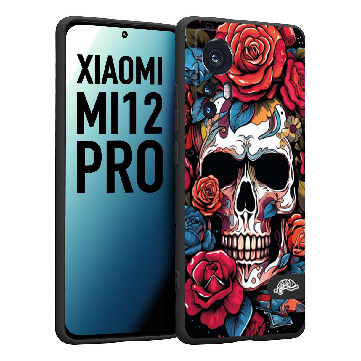 CUSTOMIZZA - Custodia cover nera morbida in tpu compatibile per Xiaomi 12 PRO teschio skull flowers fiori rose rosse tattoo disegnato