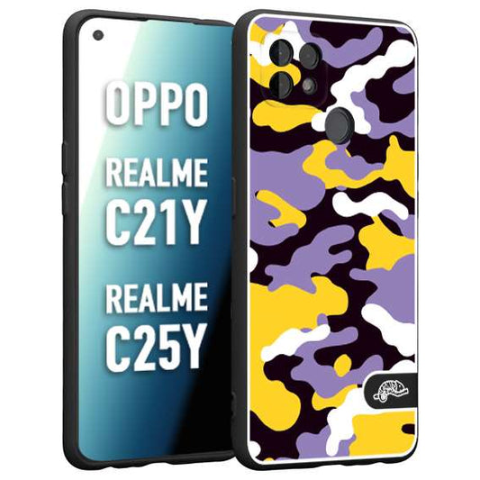 CUSTOMIZZA - Custodia cover nera morbida in tpu compatibile per Oppo Realme C21Y - C25Y camouflage mimetico militare viola lilla giallo