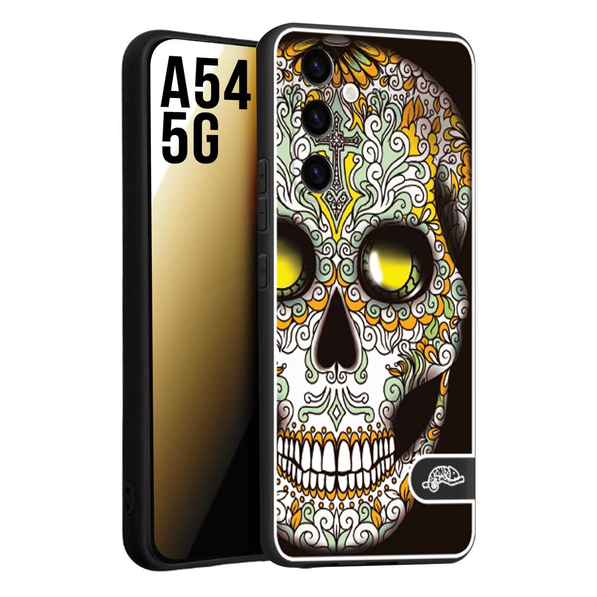 CUSTOMIZZA - Custodia cover nera morbida in tpu compatibile per Samsung A54 5G teschio messicano Mexican skull bianco verde giallo