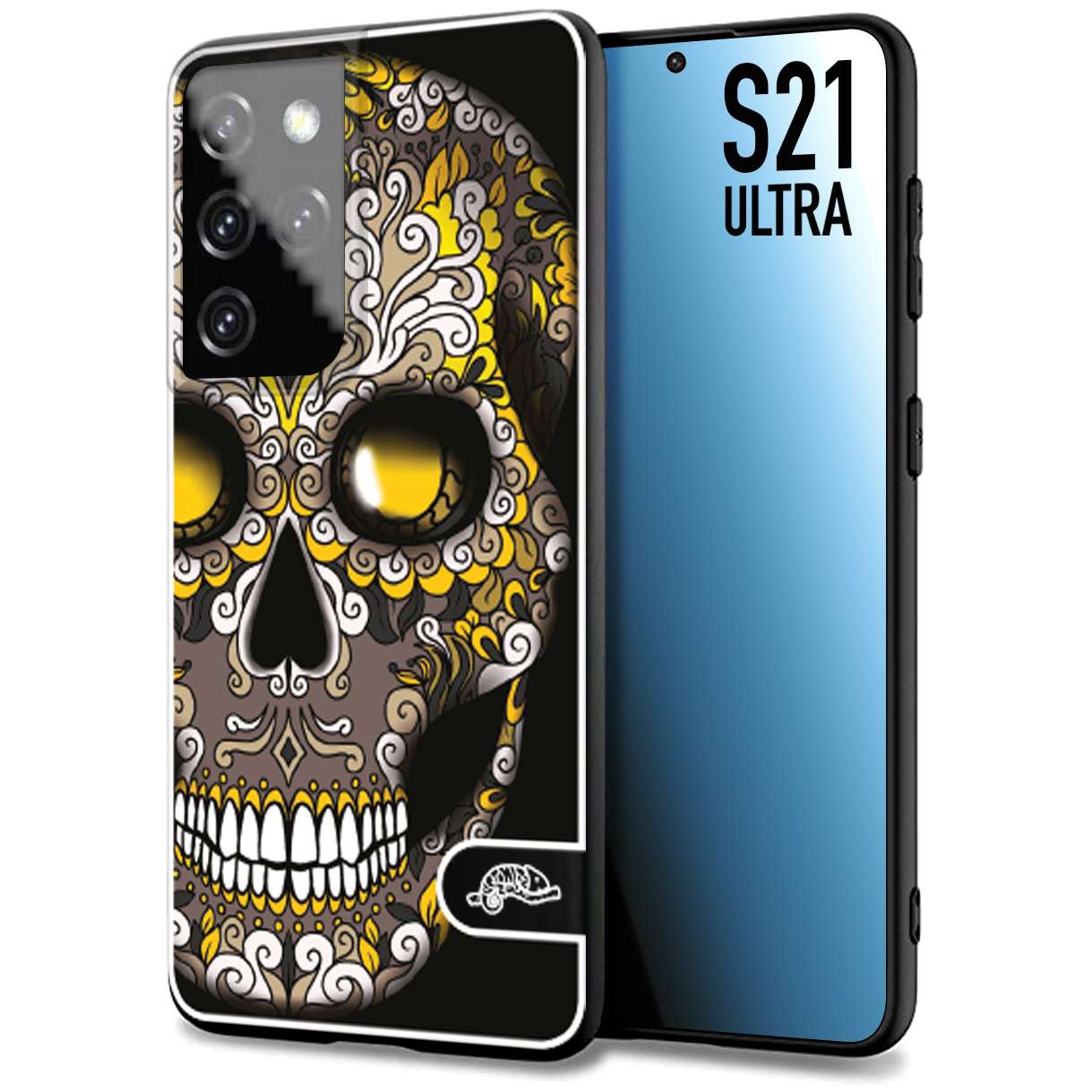 CUSTOMIZZA - Custodia cover nera morbida in tpu compatibile per Samsung S21 ULTRA teschio messicano Mexican skull nero giallo