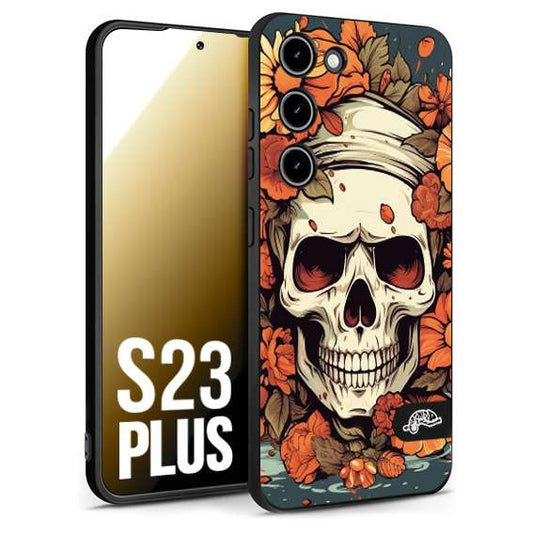 CUSTOMIZZA - Custodia cover nera morbida in tpu compatibile per Samsung S23 PLUS teschio skull flowers fiori tattoo disegnato alta definizione