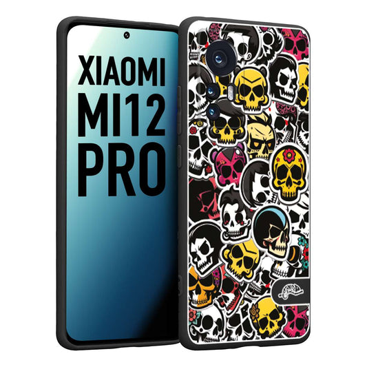 CUSTOMIZZA - Custodia cover nera morbida in tpu compatibile per Xiaomi 12 PRO sticker bomb teschi colorati adesivi skulls skater snowboard