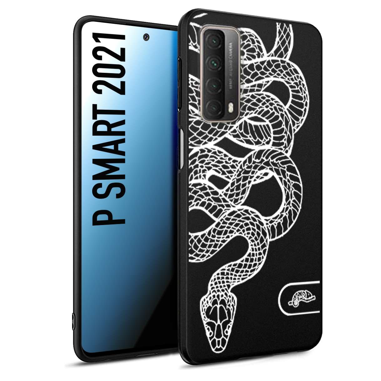 CUSTOMIZZA - Custodia cover nera morbida in tpu compatibile per Huawei P Smart 2021 serpente snake bianco a rilievo disegnato tattoo tatuaggio