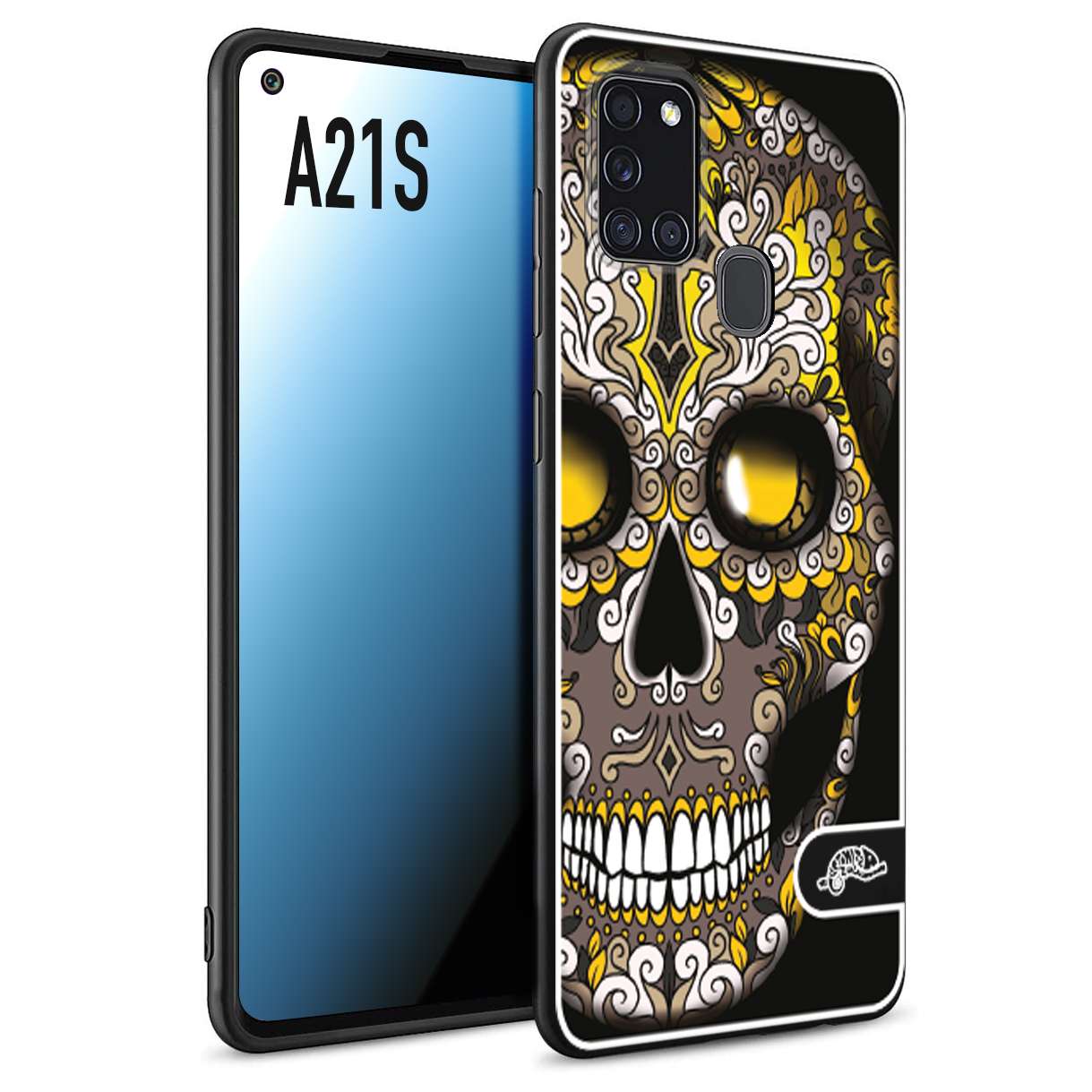 CUSTOMIZZA - Custodia cover nera morbida in tpu compatibile per Samsung A21S teschio messicano Mexican skull nero giallo