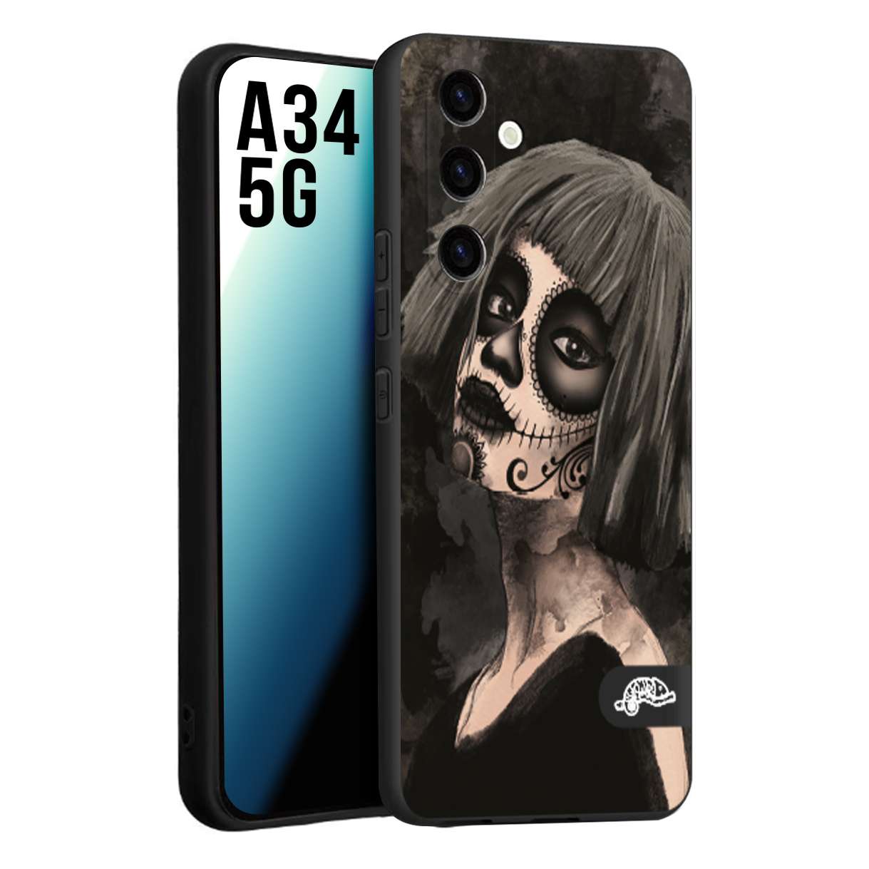 CUSTOMIZZA - Custodia cover nera morbida in tpu compatibile per Samsung A34 5G chicana messicana dea de la muerte donna santa tattoo disegnata