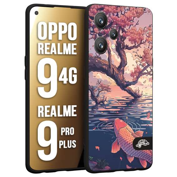 CUSTOMIZZA - Custodia cover nera morbida in tpu compatibile per Oppo Realme 9 4G - 9 PRO PLUS giapponese lago carpa koi rosa con foglie d'acero disegnata tattoo