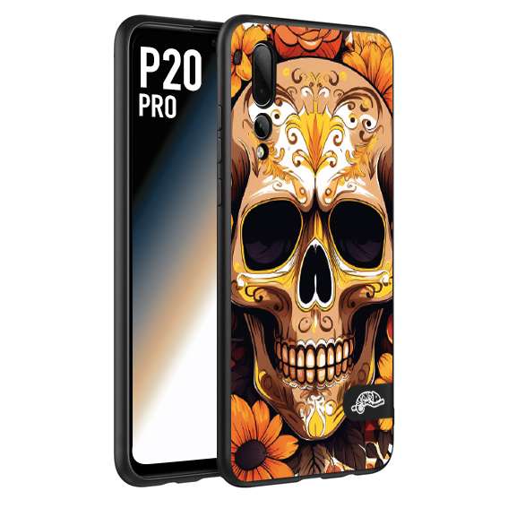 CUSTOMIZZA - Custodia cover nera morbida in tpu compatibile per Huawei P20 PRO teschio messicano colorato dorato fiori tattoo disegnato