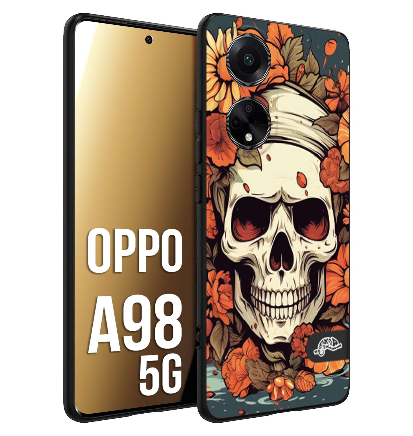 CUSTOMIZZA - Custodia cover nera morbida in tpu compatibile per Oppo A98 5G teschio skull flowers fiori tattoo disegnato alta definizione