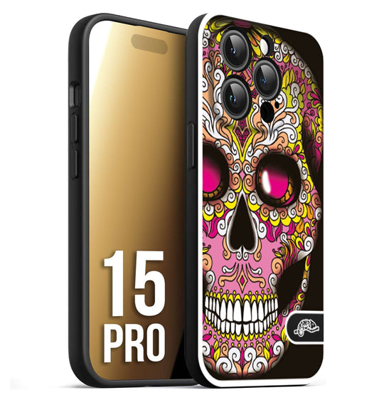 CUSTOMIZZA - Custodia cover nera morbida in tpu compatibile per iPhone 15 PRO teschio messicano Mexican skull rosa gialla