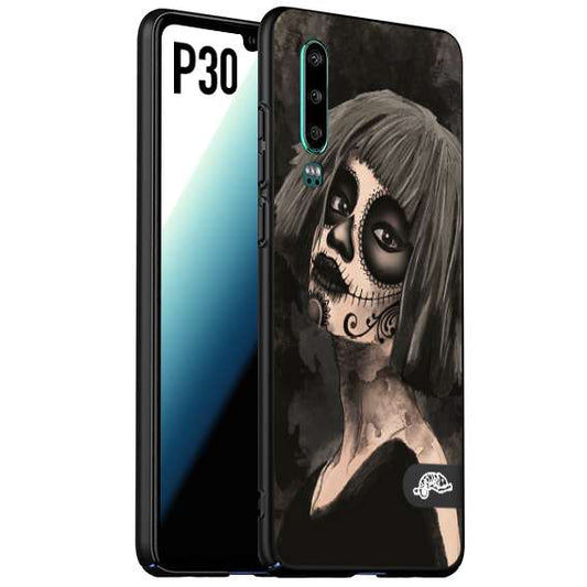 CUSTOMIZZA - Custodia cover nera morbida in tpu compatibile per Huawei P30 chicana messicana dea de la muerte donna santa tattoo disegnata