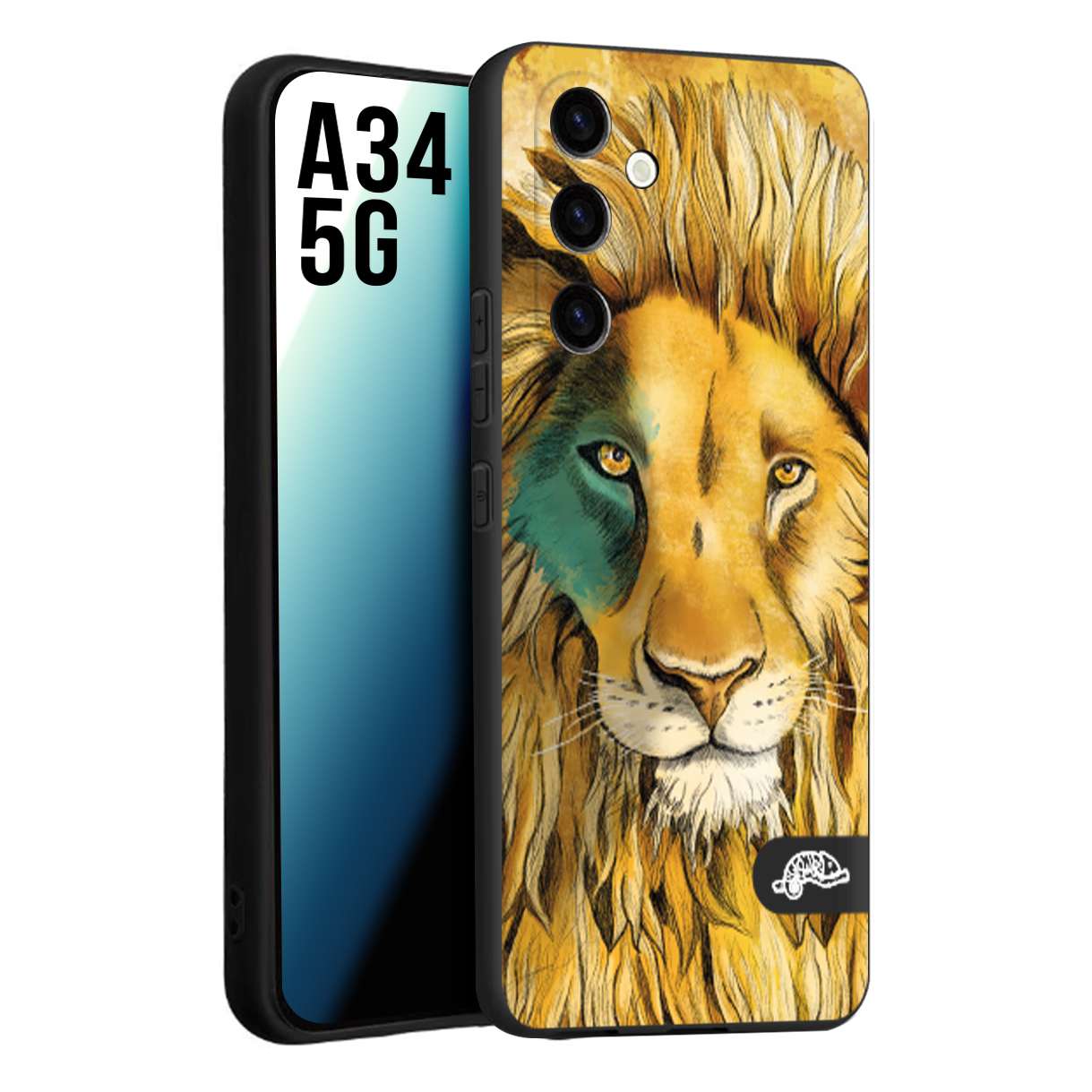 CUSTOMIZZA - Custodia cover nera morbida in tpu compatibile per Samsung A34 5G leone lion disegnato a mano giallo blu a rilievo artistico brown