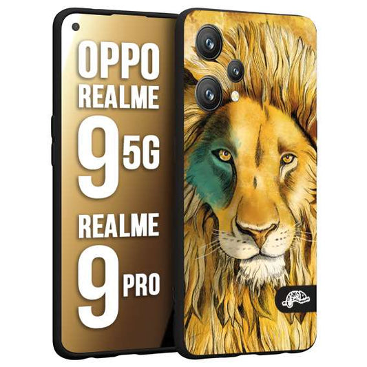 CUSTOMIZZA - Custodia cover nera morbida in tpu compatibile per Oppo Realme 9 5G - 9 PRO leone lion disegnato a mano giallo blu a rilievo artistico brown