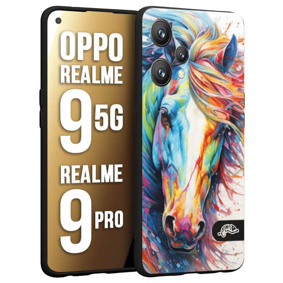 CUSTOMIZZA - Custodia cover nera morbida in tpu compatibile per Oppo Realme 9 5G - 9 PRO animali color cavallo horse viso colori vibranti disegnato schizzo