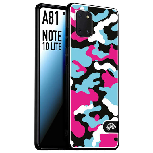 CUSTOMIZZA - Custodia cover nera morbida in tpu compatibile per Samsung A81 - Note 10 Lite camouflage mimetico militare fucsia celeste