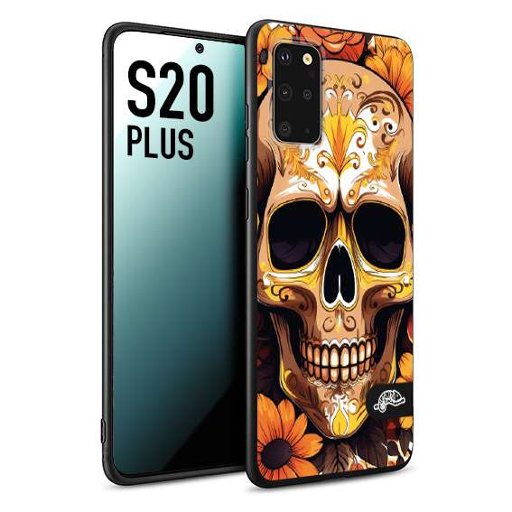 CUSTOMIZZA - Custodia cover nera morbida in tpu compatibile per Samsung S20 PLUS teschio messicano colorato dorato fiori tattoo disegnato