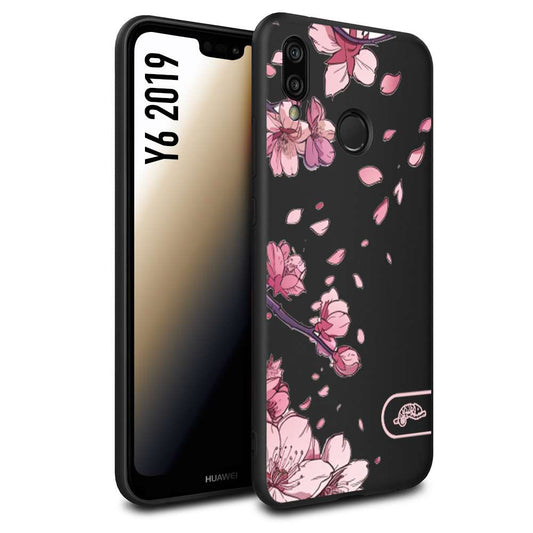 CUSTOMIZZA - Custodia cover nera morbida in tpu compatibile per Huawei Y6 2019 giapponese fiori di ciliegio in fiore a rilievo disegnata tattoo