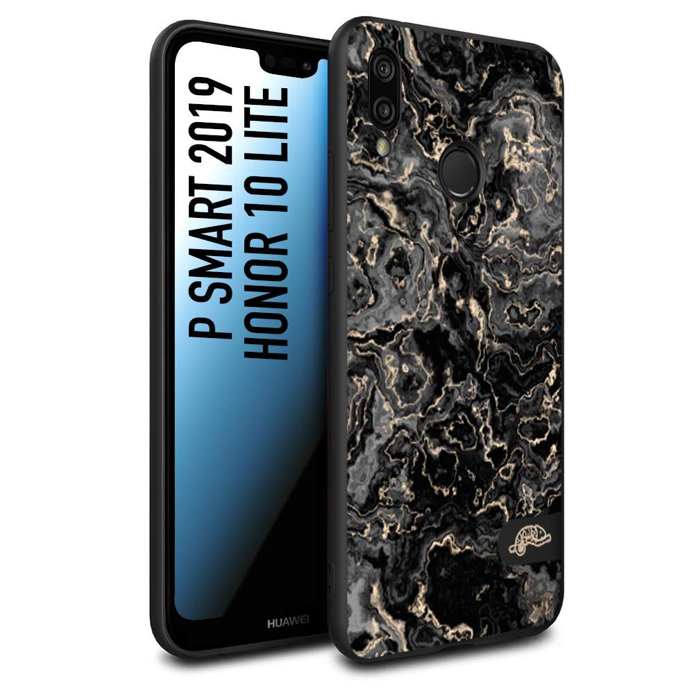 CUSTOMIZZA - Custodia cover nera morbida in tpu compatibile per Huawei P Smart 2019 effetto marmo marble nero black venature dorato pietra