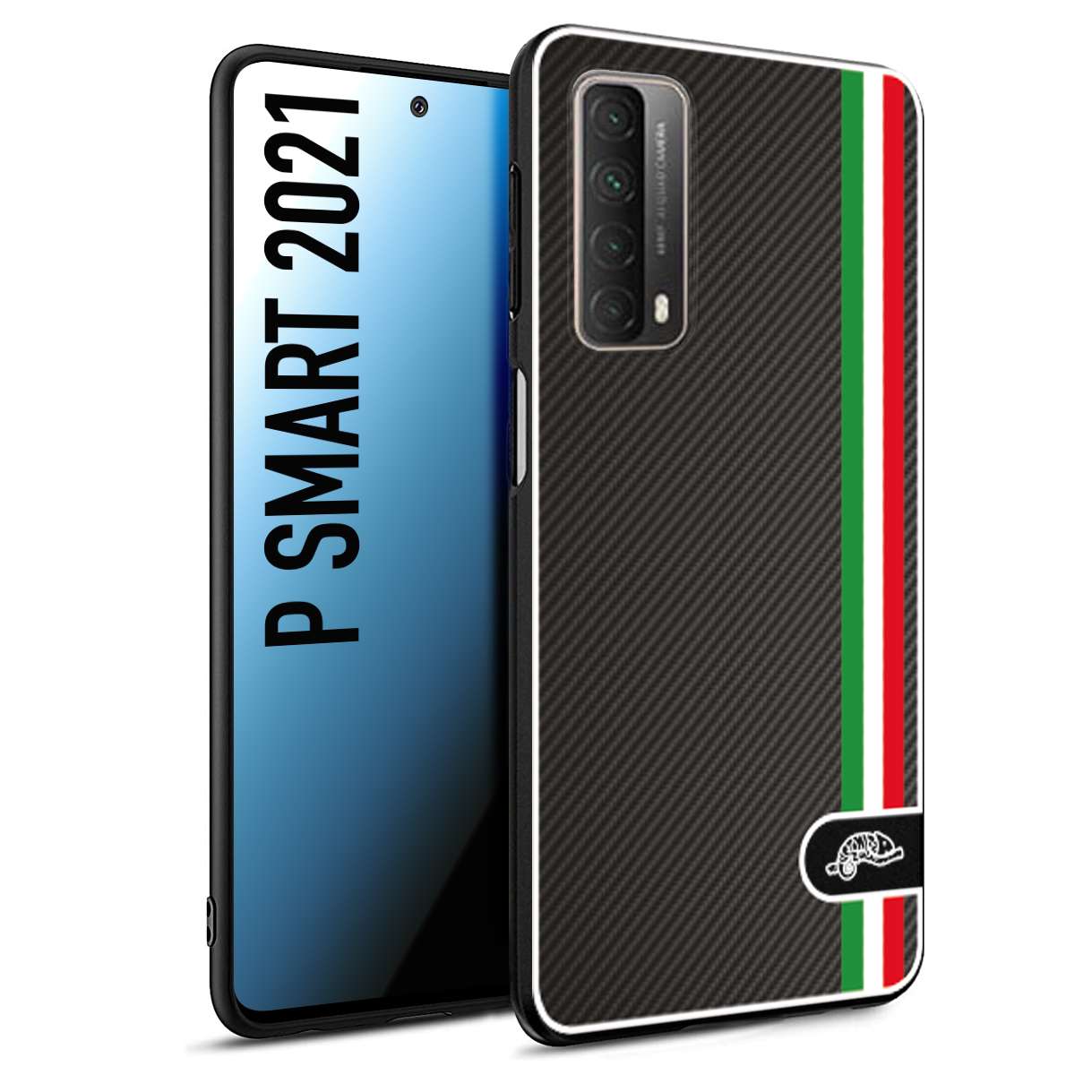 CUSTOMIZZA - Custodia cover nera morbida in tpu compatibile per Huawei P Smart 2021 effetto fibra di carbonio bandiera Italia made in Italy