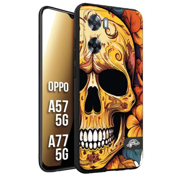 CUSTOMIZZA - Custodia cover nera morbida in tpu compatibile per Oppo A57 5G - A77 5G teschio messicano colorato dorato fiori autunnali disegnato