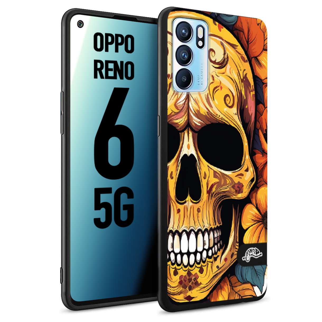 CUSTOMIZZA - Custodia cover nera morbida in tpu compatibile per Oppo Reno 6 5G teschio messicano colorato dorato fiori autunnali disegnato